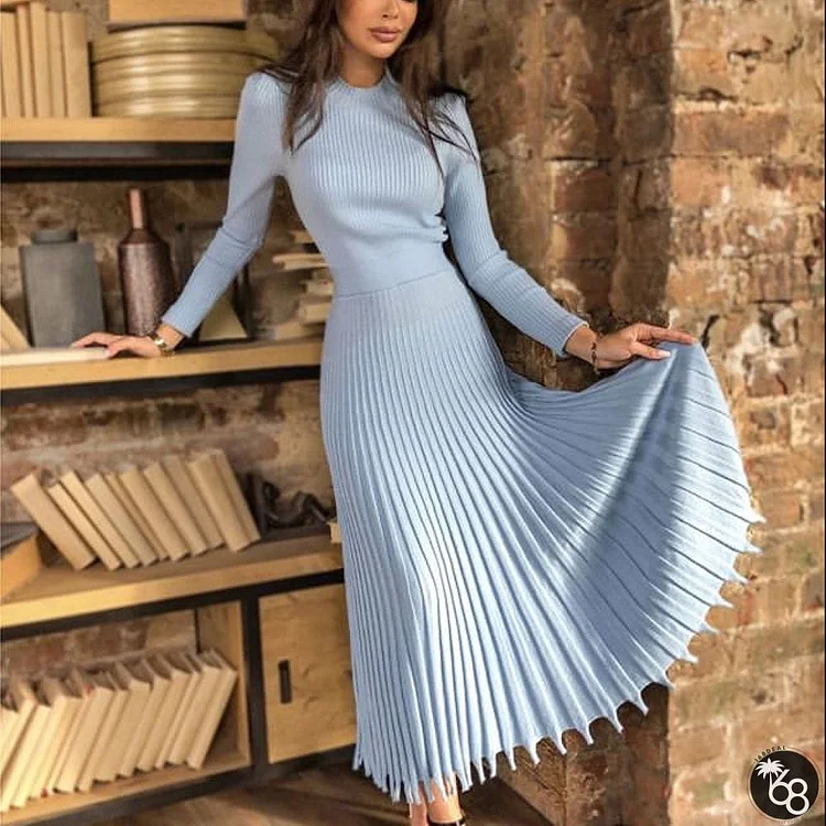 Elegant Plain Stand Collar  Half Sleeve Pleated Midi Dress | 168DEAL