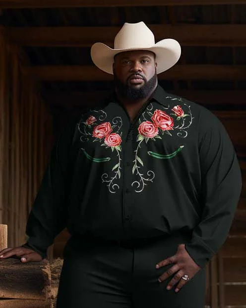 Western Cowboy Style Rose Flower Men's Plus Size Black Long Sleeve Trousers Two-Piece Set
