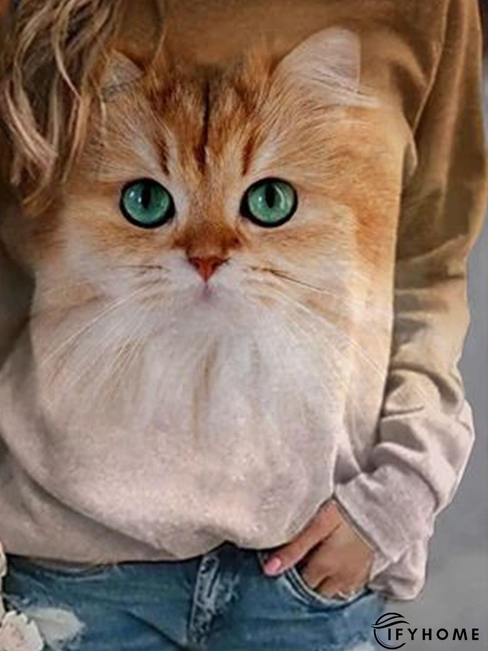 Brown Cat Printed Casual Long Sleeve Shift Top | IFYHOME