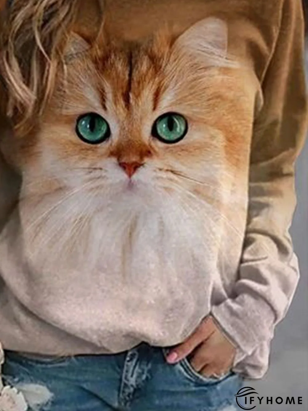 Brown Cat Printed Casual Long Sleeve Shift Top | IFYHOME