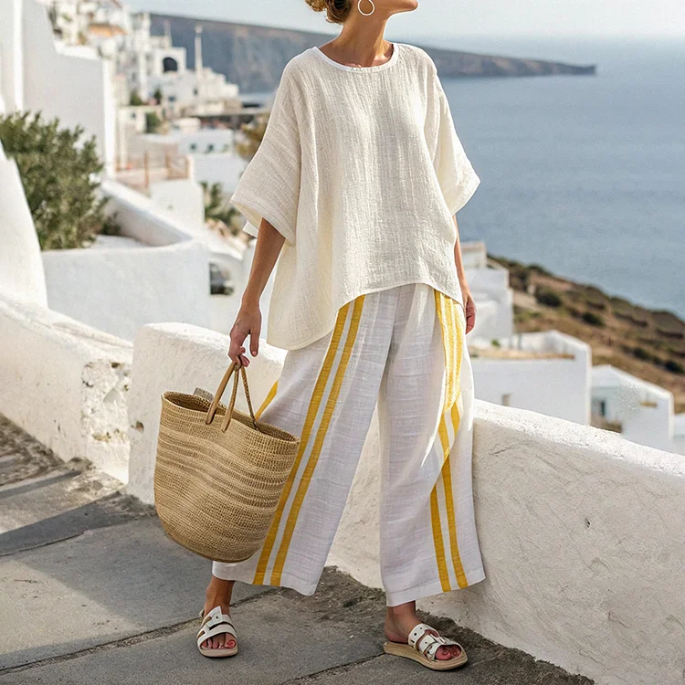Striped Simple Linen Blended Casual T-shirt Two Piece Set