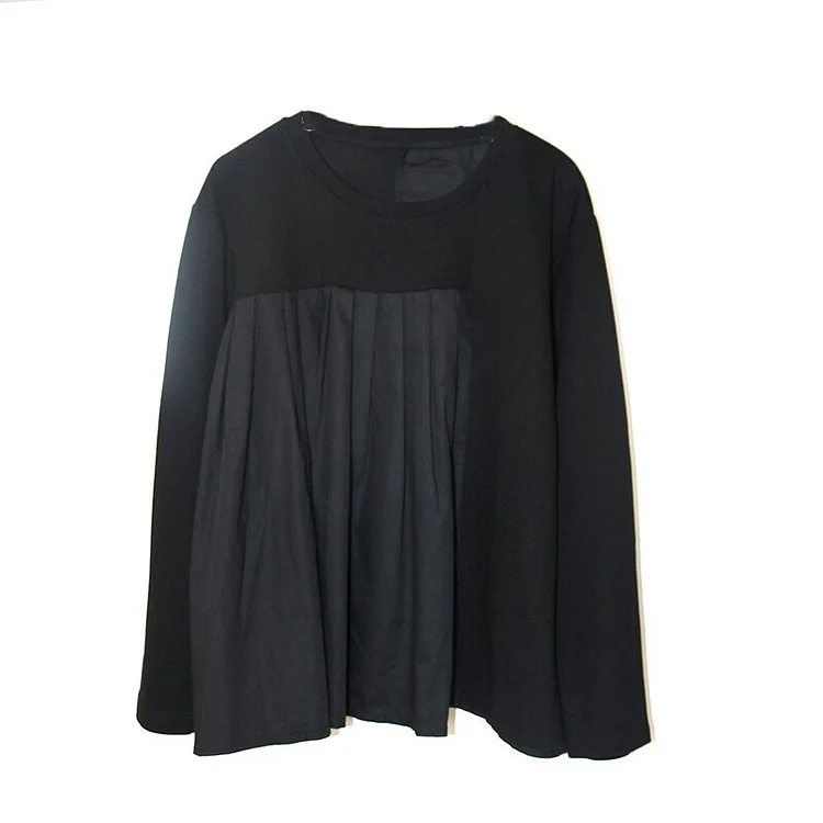 Casual Loose Solid Color O-neck Patchwork Pleated Long Sleeve T-shirt 