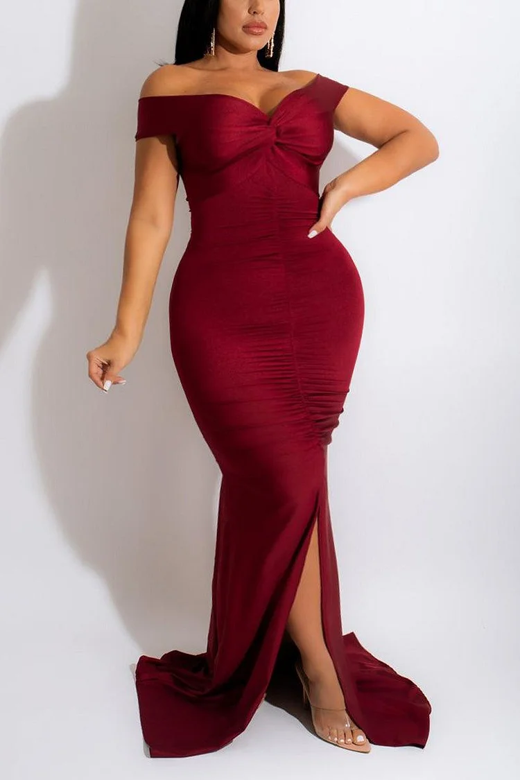Plus Size Off Shoulder Wine Red Split Trailing Ruched Maxi Dress 