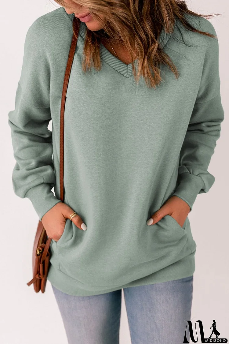 V Neck Drop Shoulder Sweatshirt with Pocket