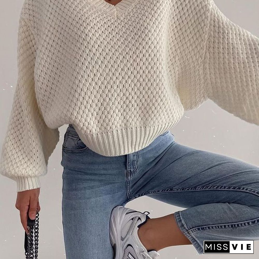 Chunky V Neck Waffle Knit Jumper Sweater For Ladies