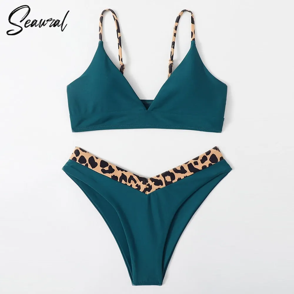 2021 New Sexy Low Waist Bikini Set Swimwear Women Solid And Leopard Floral Thong Brazil Swimsuit Female Bathing Suit biquini