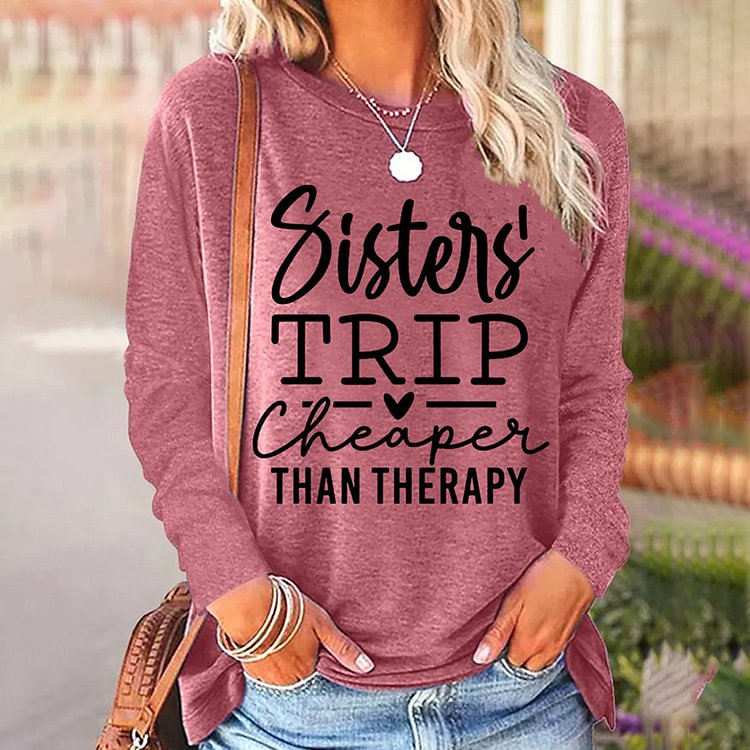 Comstylish Sisters Trip Print Long Sleeve Casual T-Shirt
