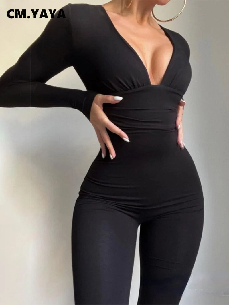 CM.YAYA Women Gauze Hollow Out Deep V-neck High Waist Tunic Bodycon Jumpsuit Sexy Party One Piece Overall Romper Playsuits 2022