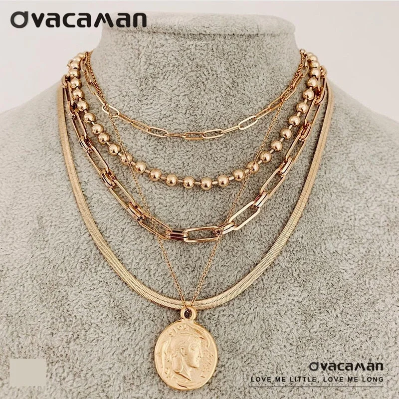 Dvacaman New Punk Gold Color Portrait Pendant Necklace for Women Cuban Multi Layered Chunky Thick Chain Choker Necklaces Jewelry