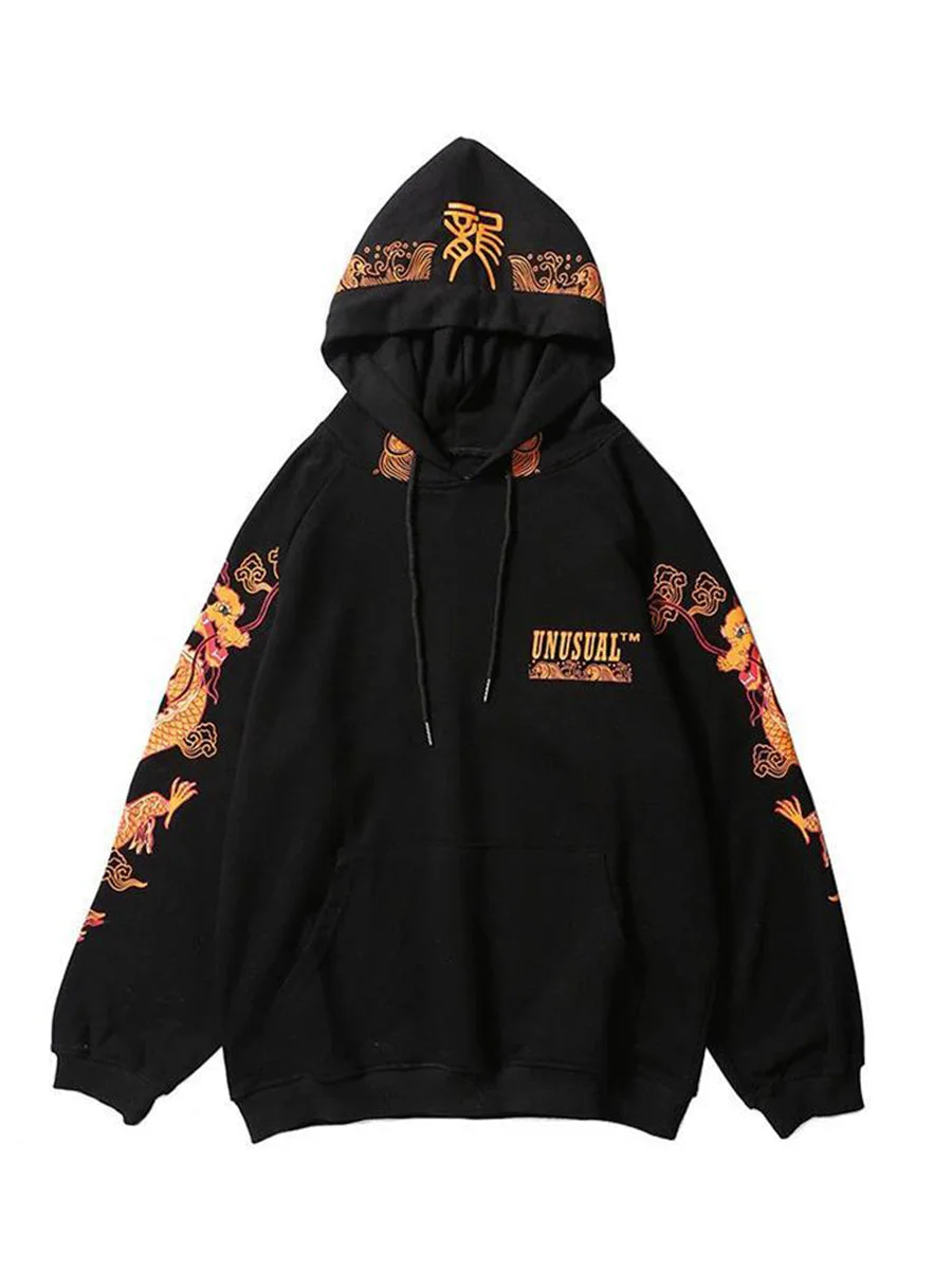 Chinese Dragon Print Hoodie Streetwear Mens Hip Hop Hoodie Sweatshirt Casual Cotton