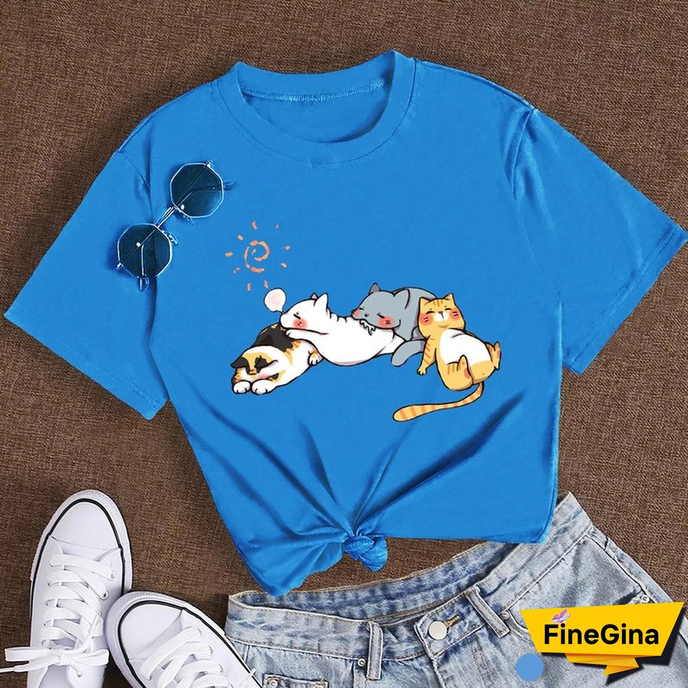 Cotton 100% Women's T Shirt Summer Short Sleeve Nap Cat Print Fashion Kawaii Female Clothes Casual O-Neck Tshirt Ladies Tee Tops