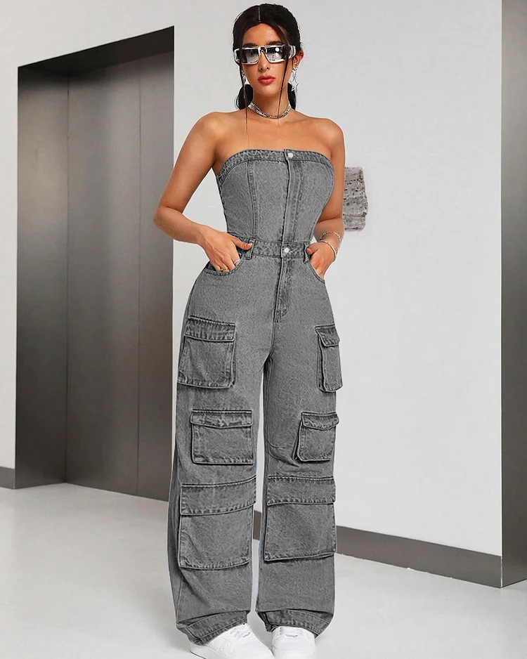 Hot Girl Street Focus! EU/US Style Denim Tube Top Multi-Pocket Jumpsuit | Grey for Luxury👖