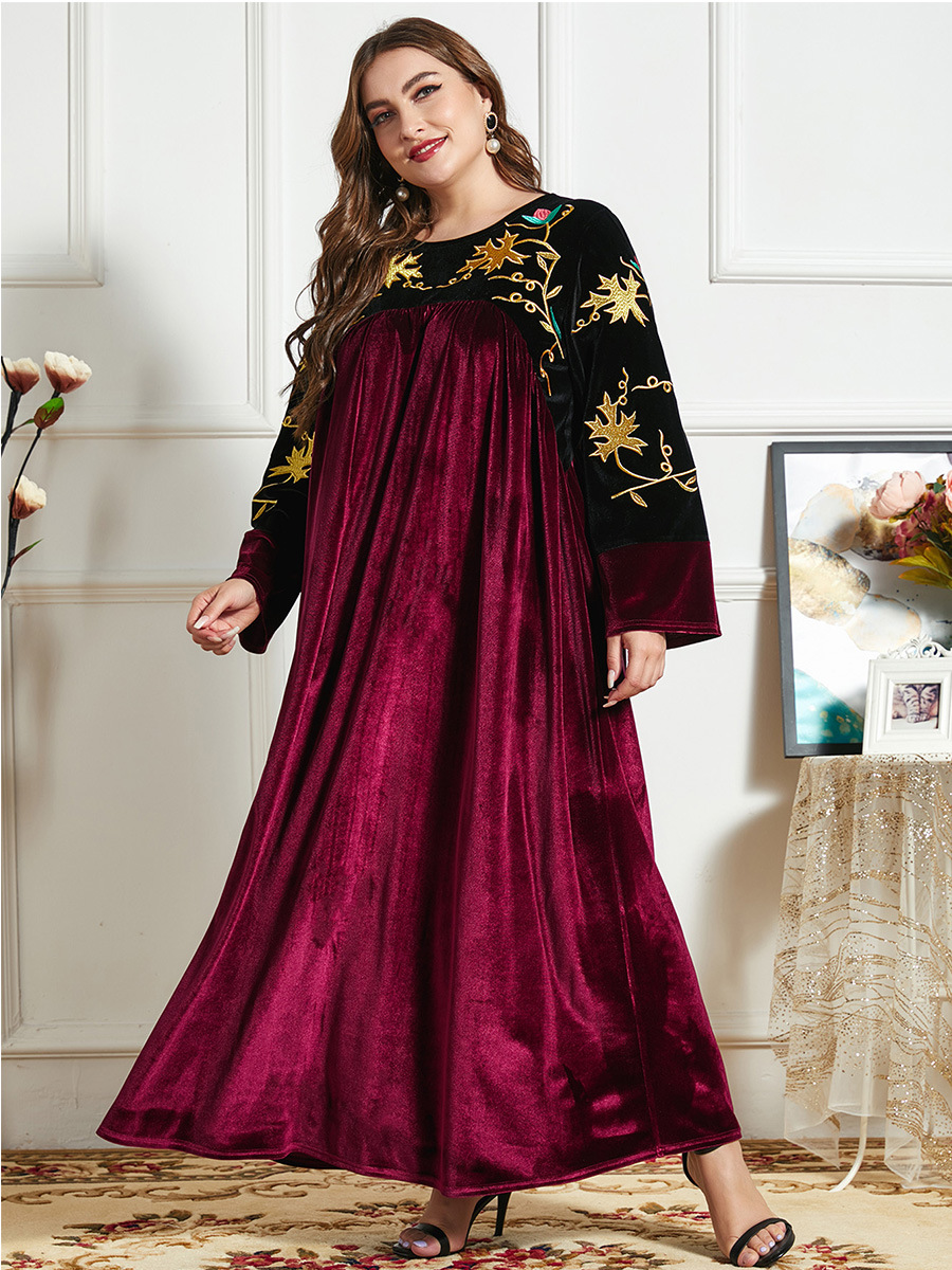 Casual Fashion Embroidered Gold Velvet Autumn and Winter Long Dress