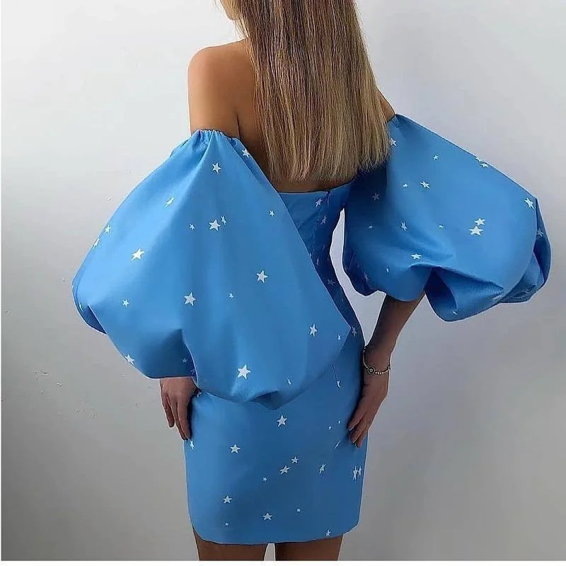 Puff Sleeve High Waist Wrapped Five-pointed Star Print Gown