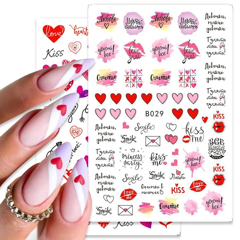 1PC 3D Nail Stickers Heart Love Self-Adhesive Slider Letters Nail Art Decorations Valentine's Day Decals Manicure Accessories-Nail Inspo