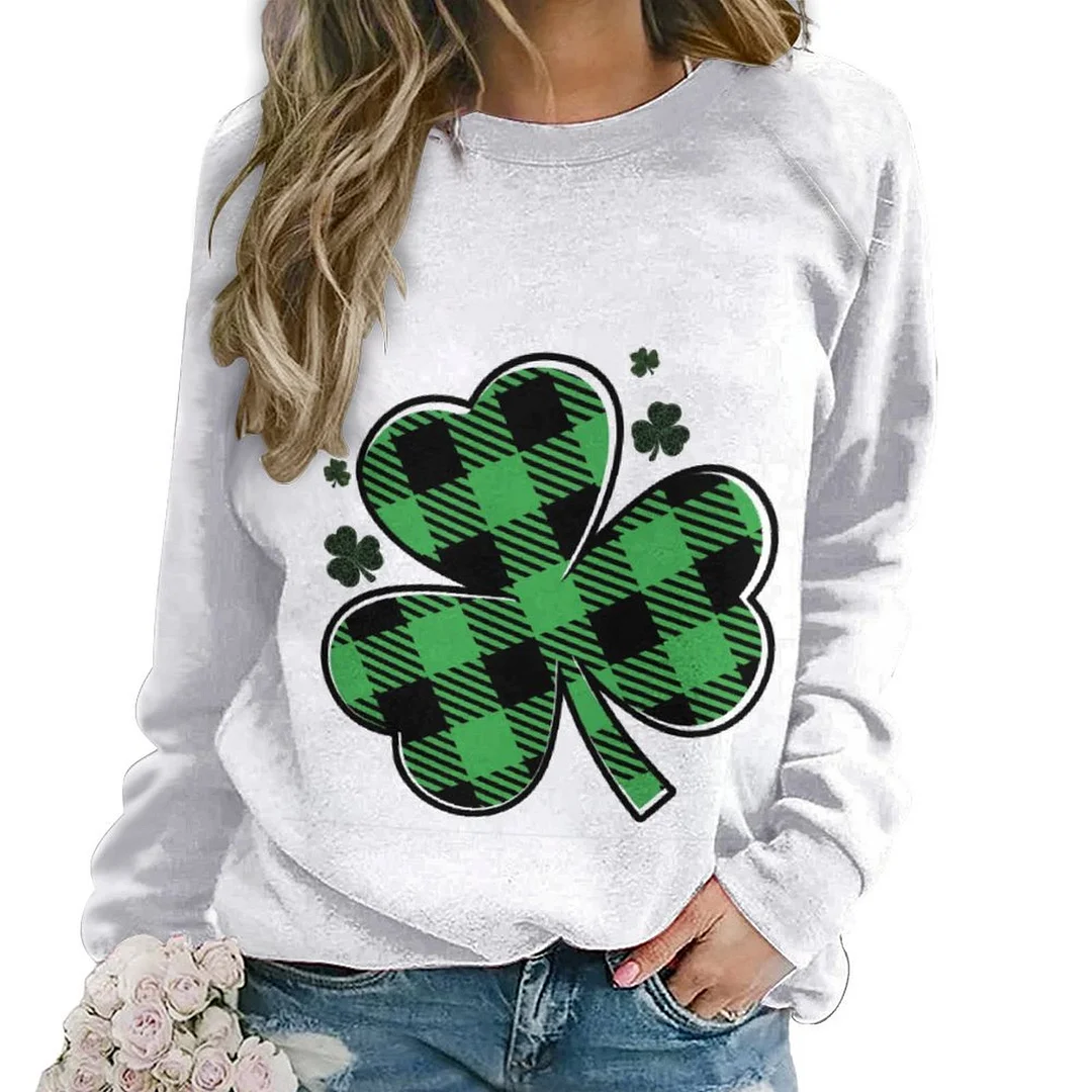 Printed Long Sleeve Casual Sweatshirt for  Women and Men Unisex Pattern St. Patrick's Day, Green, Clover, Lucky