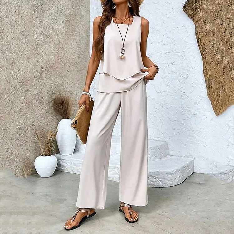 Utbros Solid Color Sleeveless Double Layer Tank Pants Two Piece Set