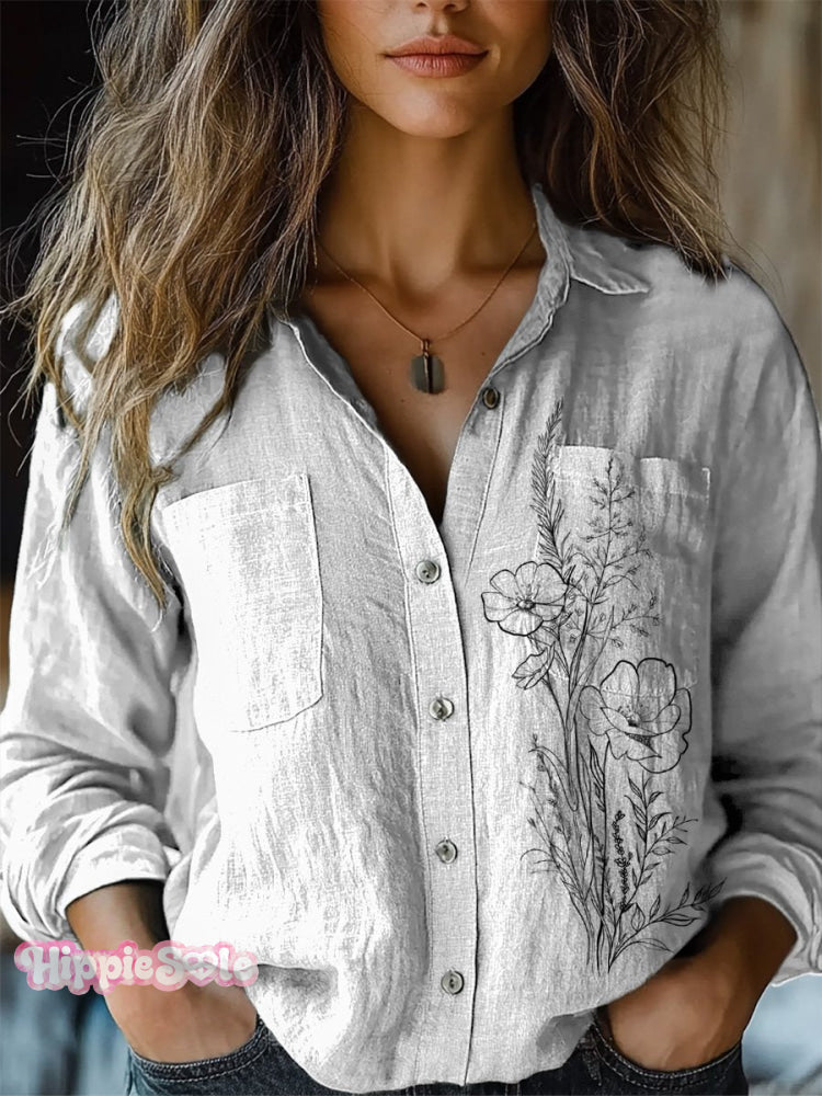 Simple Meadows Floral Graphic Printed Women’s Casual Long Sleeve Comfortable Cotton Shirt
