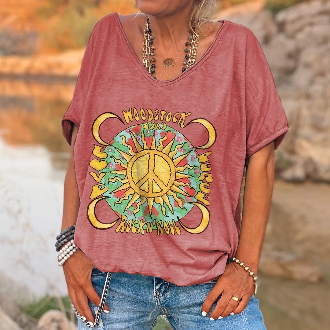 Love Peace Woodstock 1969 Printed Hippie T-shirt