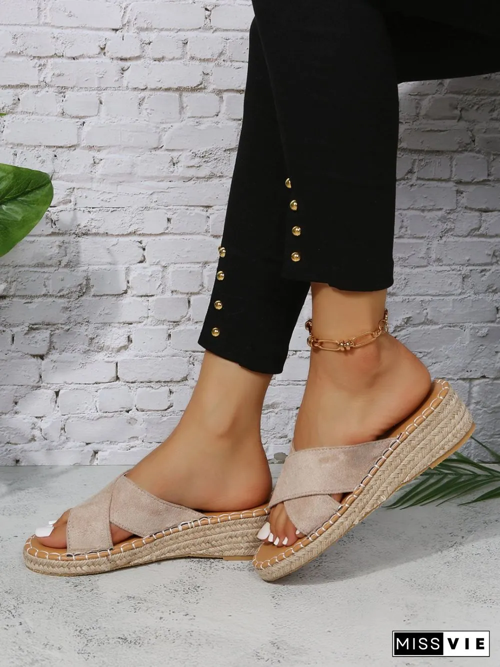Faux Suede Cross Strap Straw Wedge Slides