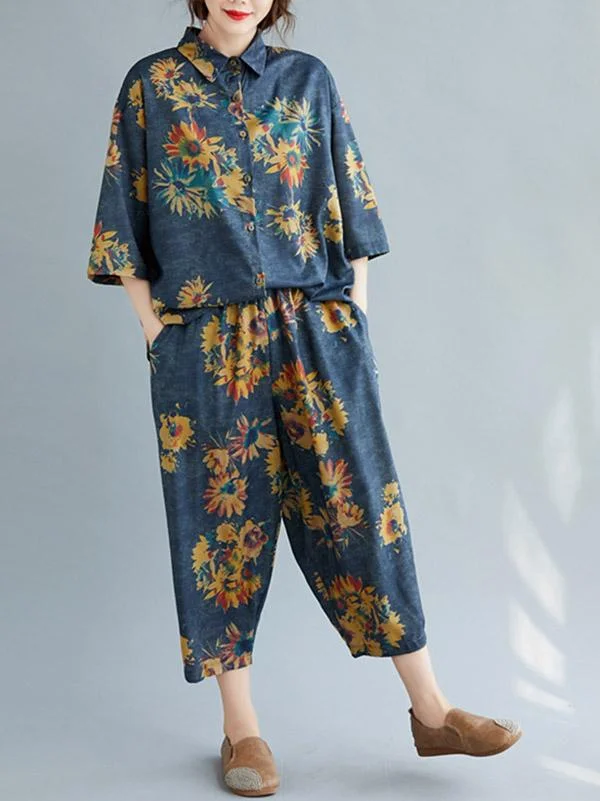 Casual Floral Shirt Blouse Tops+Harem Pants Suits