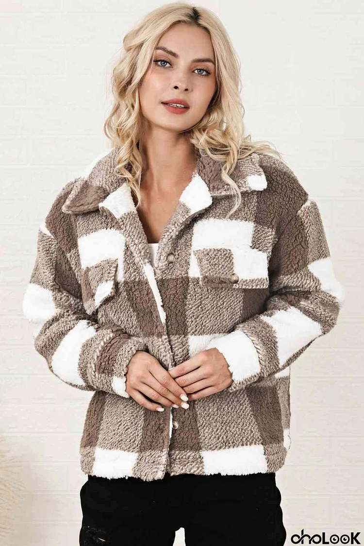 Plaid Collared Neck Drop Shoulder Jacket