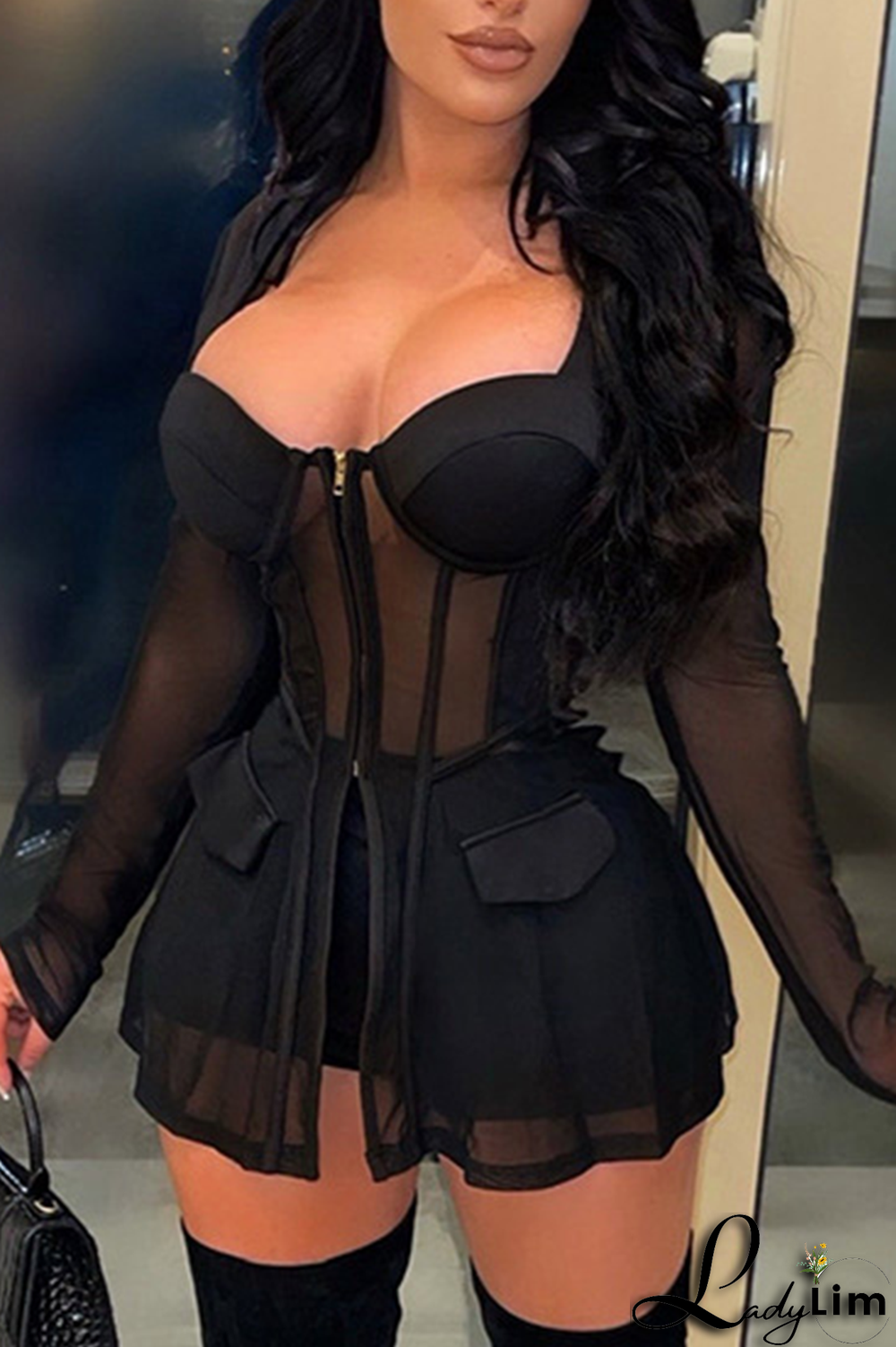 Tangerine Red Sexy Solid Mesh Square Collar Long Sleeve Two Pieces