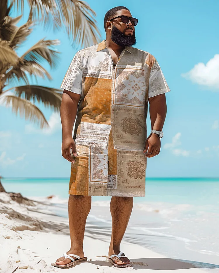 Men's Plus Size Hawaiian Cashew Flower Print Shirt Shorts Suit
