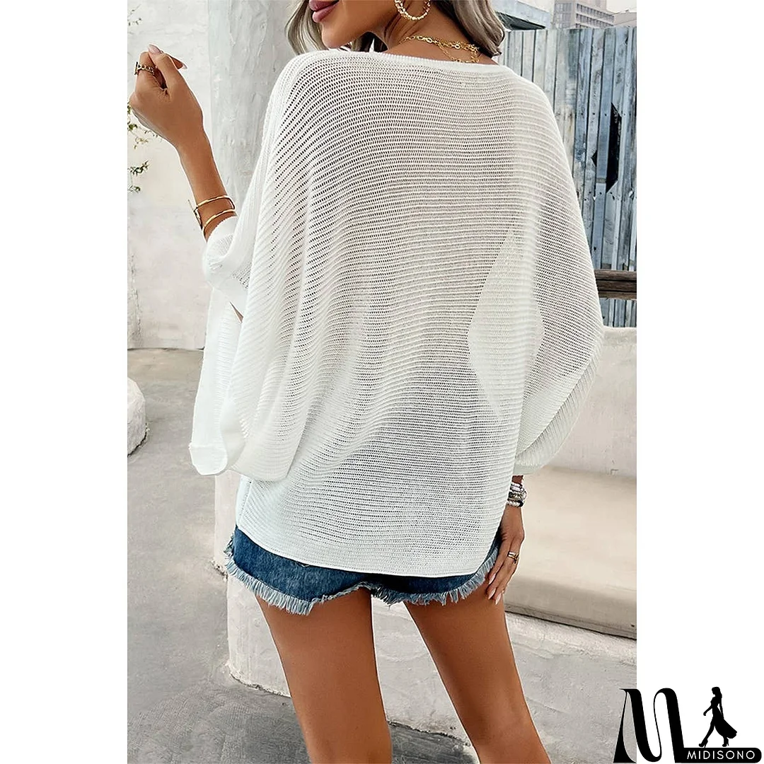 MidiSono - Solid V Neck Knit Loose Fit Bat Sleeves Top