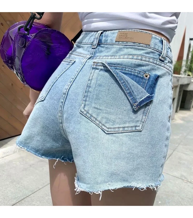 Women Fashion Back Pocket Ripped Design Denim Shorts XS-L