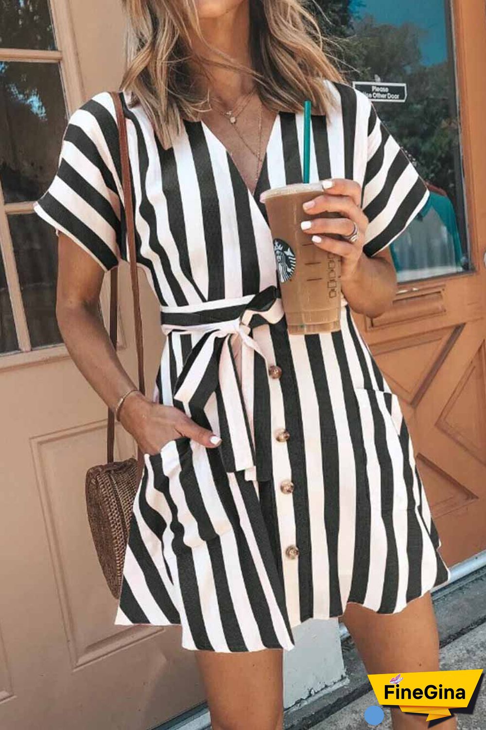 V-neck Button Striped Dress ( 2 Color)