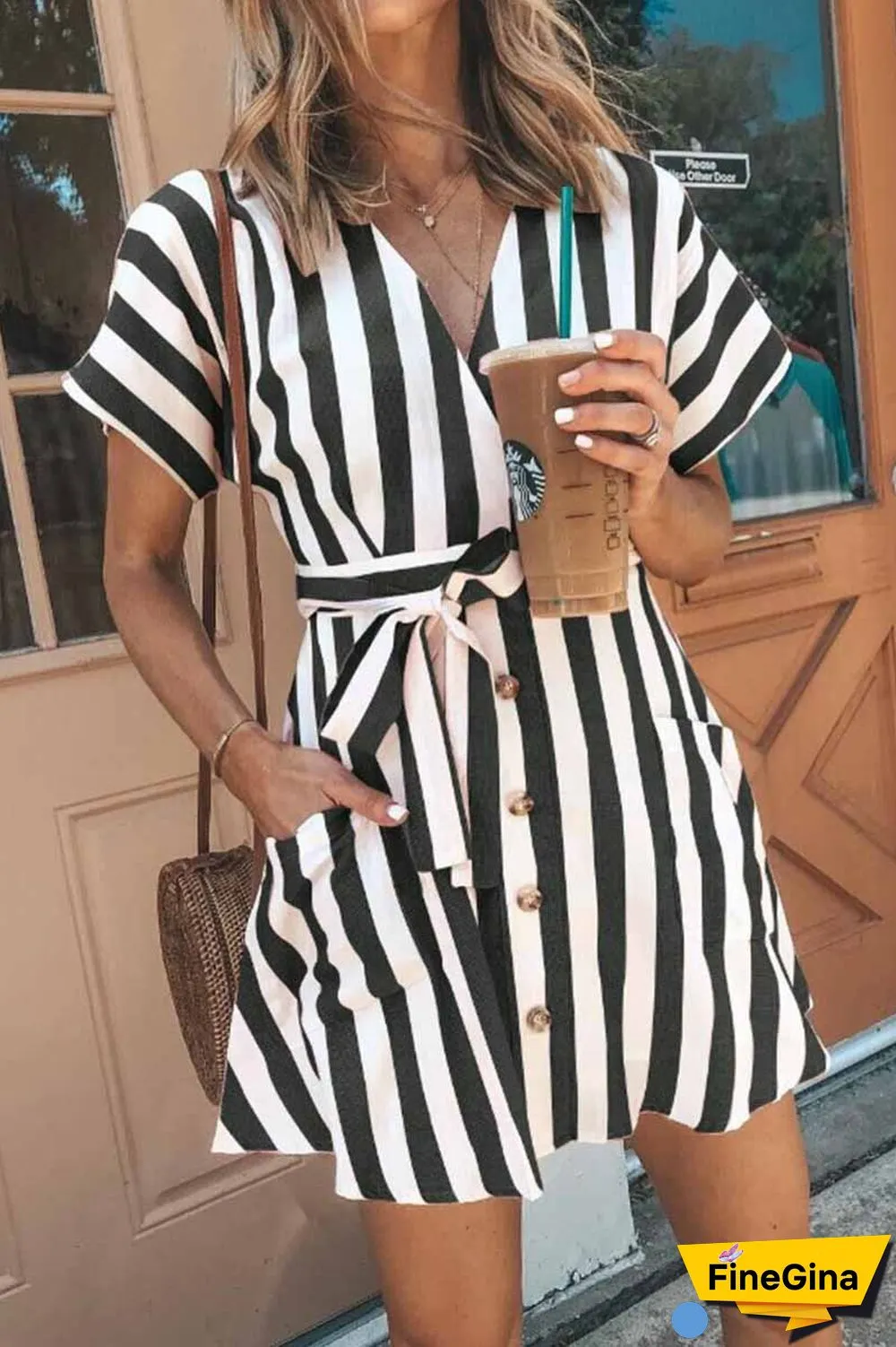 V-neck Button Striped Dress ( 2 Color)