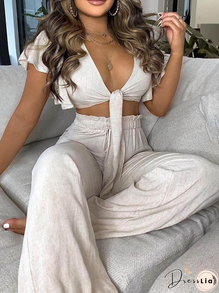Ruffles Sleeve Knotted Top & High Waist Pants Set for Women