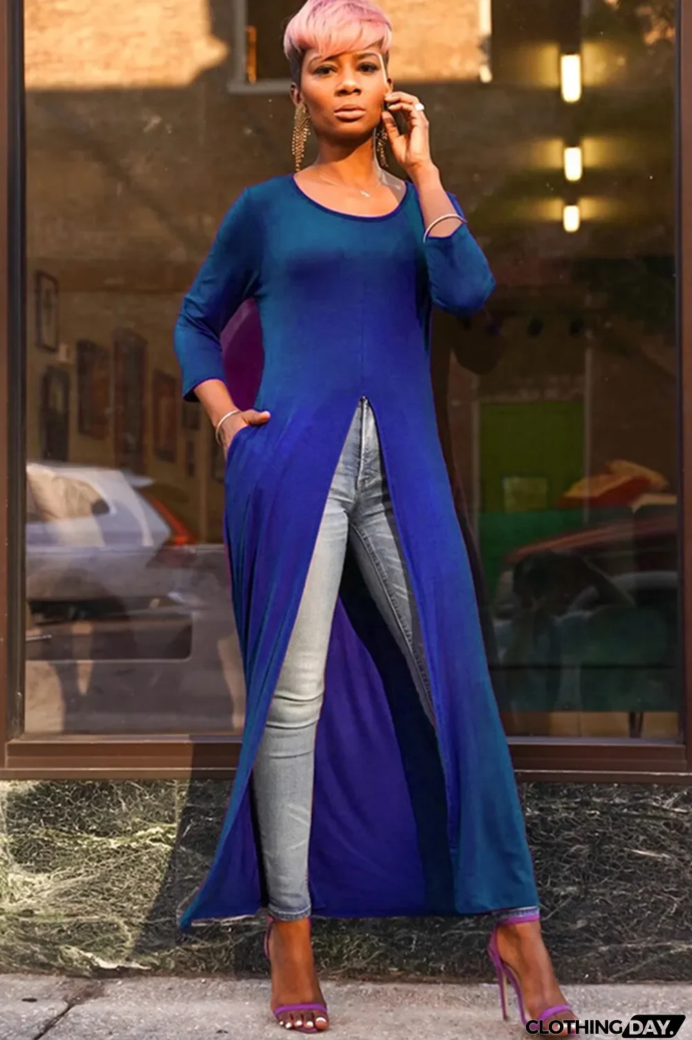 Black Polyester O Neck Nine Sleeves Solid Long Sleeve Tops