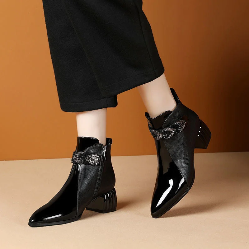 FHANCHU Soft Leather Women Short Boots,21 Rhinestone Winter Shoes,British Style Ankle Botas,Pointed Toe,Block Heel,BLUE,Dropship