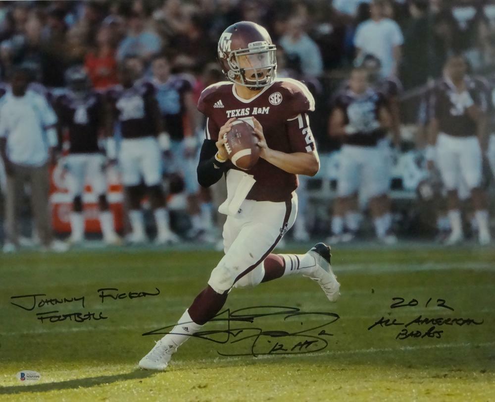 Johnny Manziel Signed Texas A&M 16x20 PF Photo Poster painting Looking to Pass 3 Insc-Beckett A