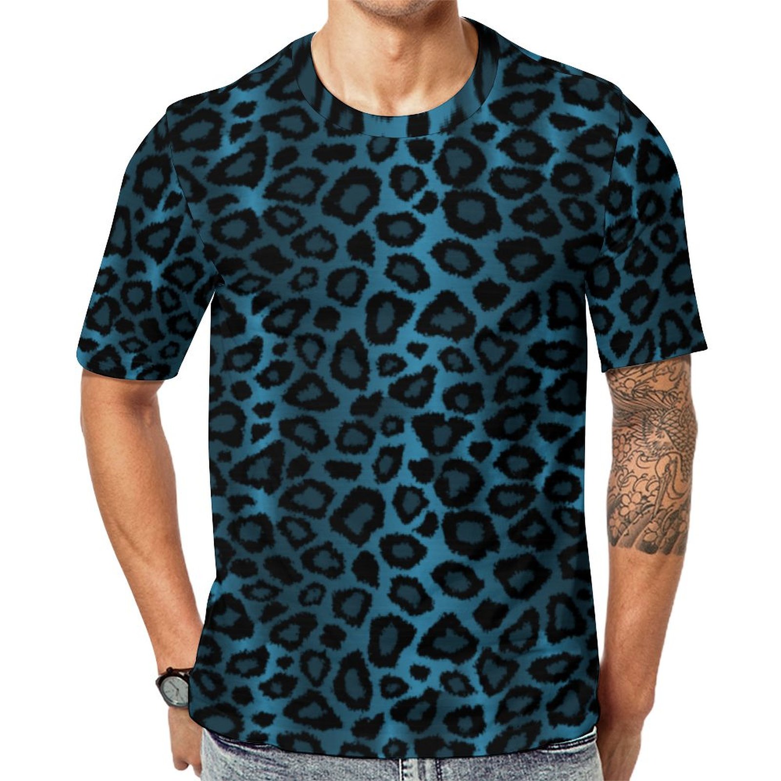 Cool Blue Black Leopard Animal Print Short Sleeve Print Unisex Tshirt Summer Casual Tees for Men and Women Coolcoshirts