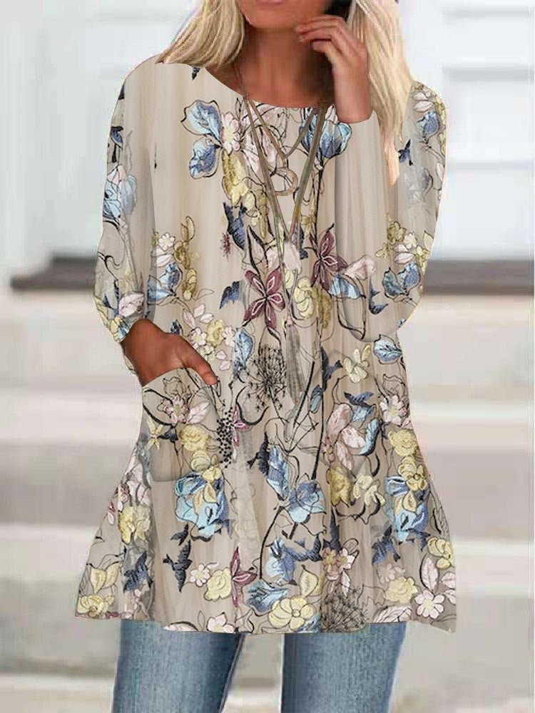 Women's Long Sleeve Scoop Neck Floral Printed Graphic Top