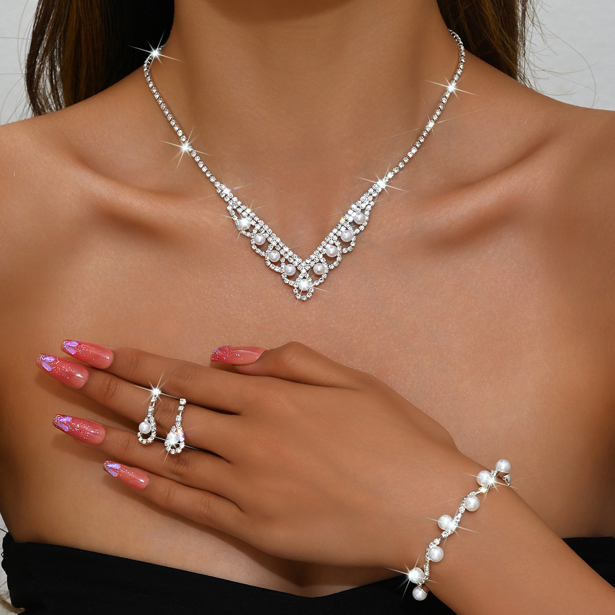 Wedding Silver Rhinestone Embedded Pearl Necklace Earrings Bracelet Three Piece Jewelry Set 2024 - Flycurvy 