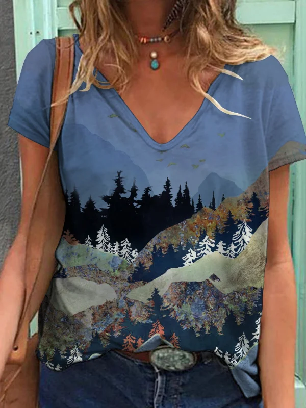 Forest Landscape Printed V-Neck Tee