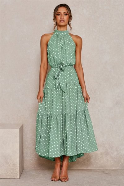 Women Fashion Polk Dot Print Sleeveless Loose Summer Long Halter Dress - BlackFridayBuys