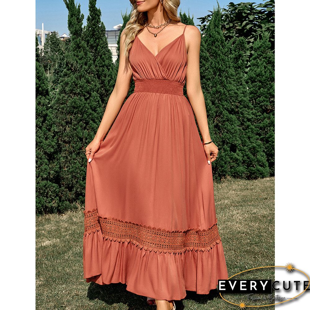 Orange Maxi Dress Slim Fit V Neck Maxi Dress
