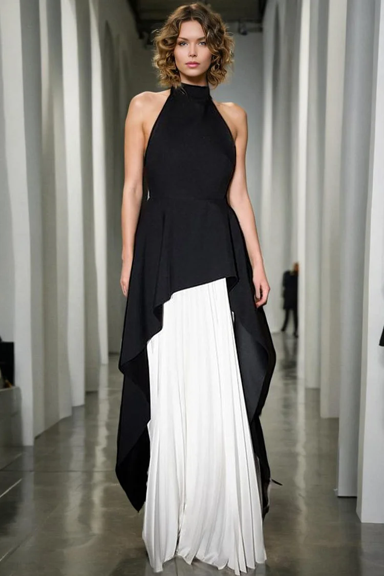 Semi Formal Black Halter Collar Pleated Two Piece Skirt Set