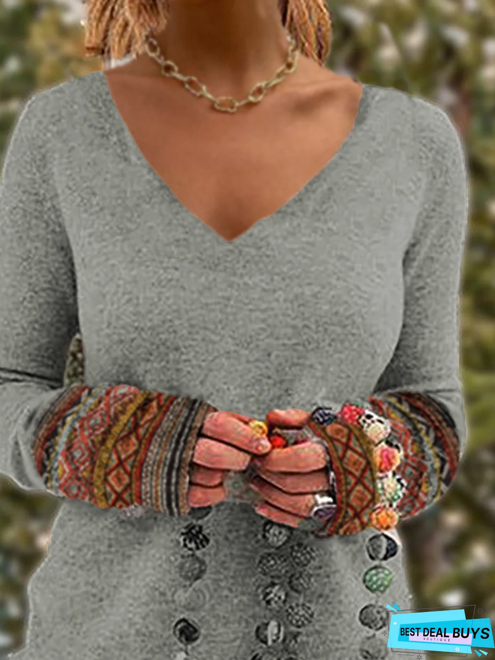 Boho Tribal Geometric V Neck Cotton Blends Loosen Long Sleeve T-shirt