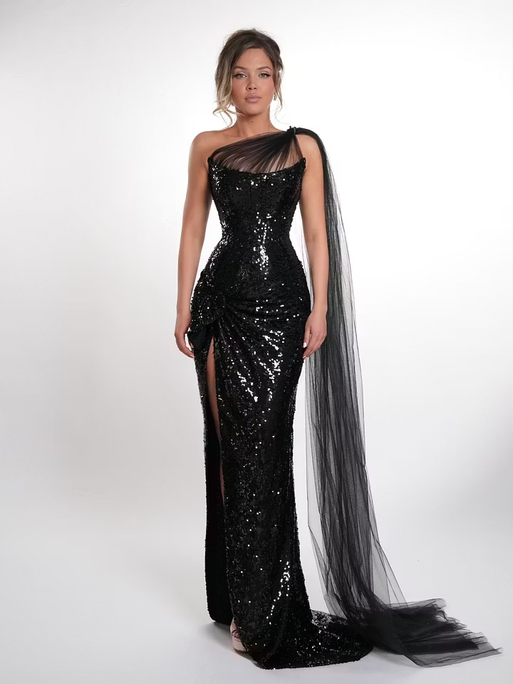 One Shoulder Sleeveless High-Waisted Long Pleated Mermaid Prom Dress With Sequins And High Split | YK1288 Wellcucu