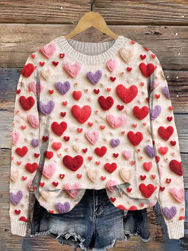 VChics Hearts Felt Art Casual Cozy Knit Sweater