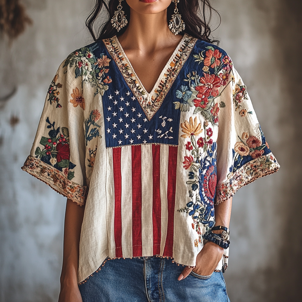 Women's Independence Day Flag Flower Embroidered V-neck Short Sleeve Linen Blend T-shirt