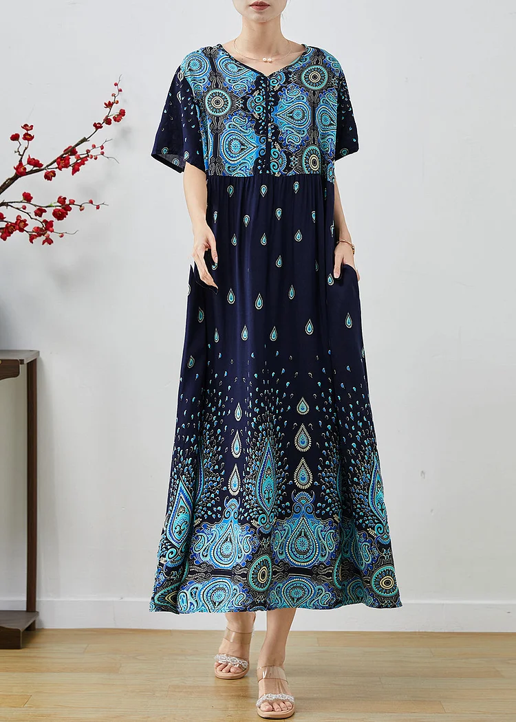 Unique Navy Oversized Print Cotton Long Dresses Summer