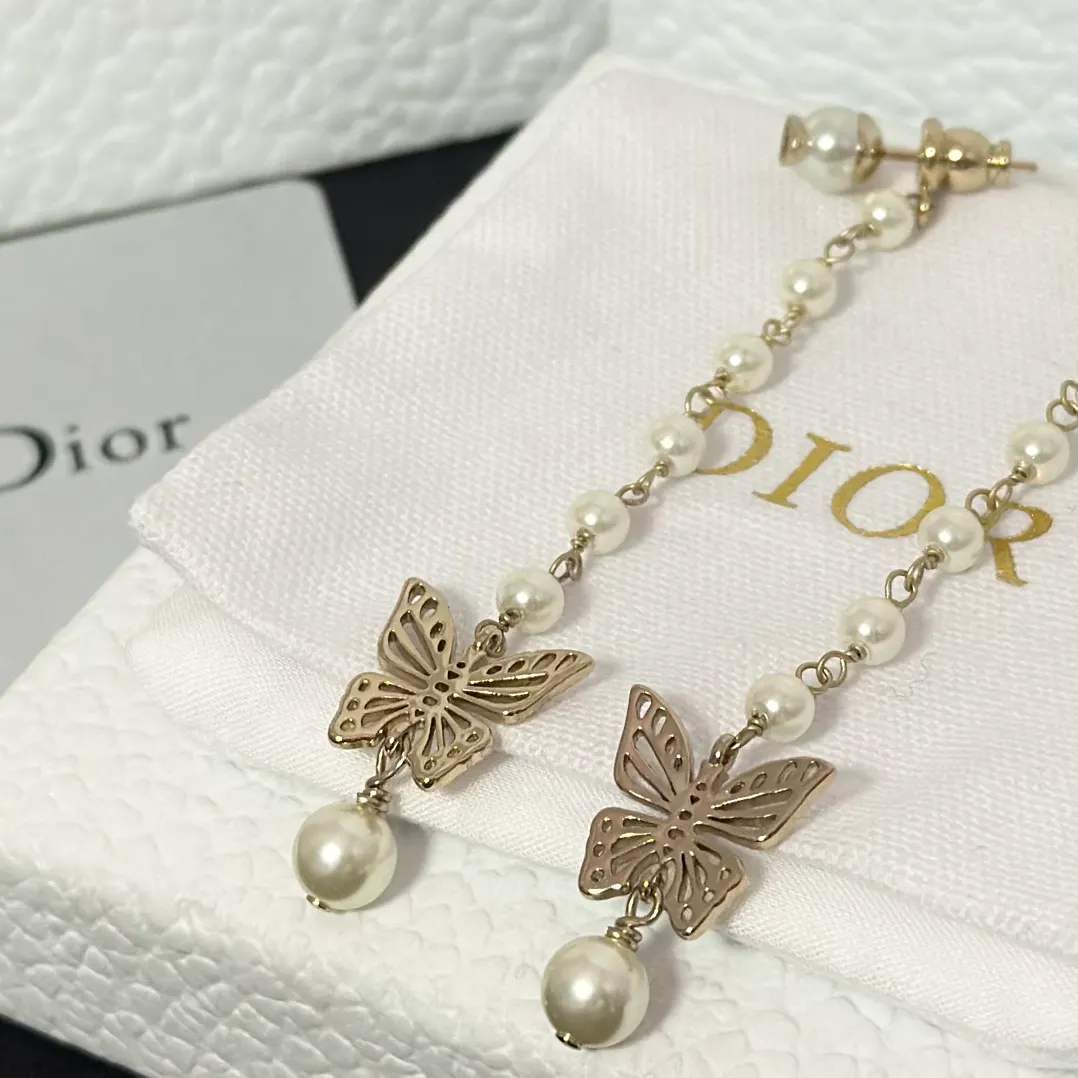 Dior Long Tassel Butterfly Dangle Pearl Earrings