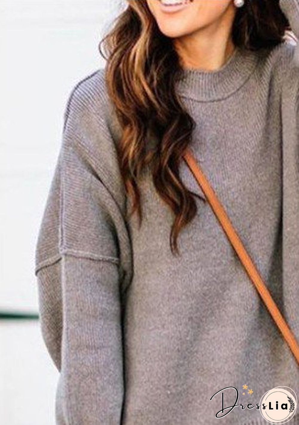 Deep Gray Crew Neck Casual Cotton-Blend Plain Sweater